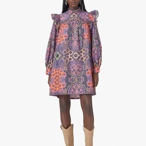 Xirena Purple Floral Printed Poplin Cotton Puff Sleeve High Neck Nyla Mini Dress
